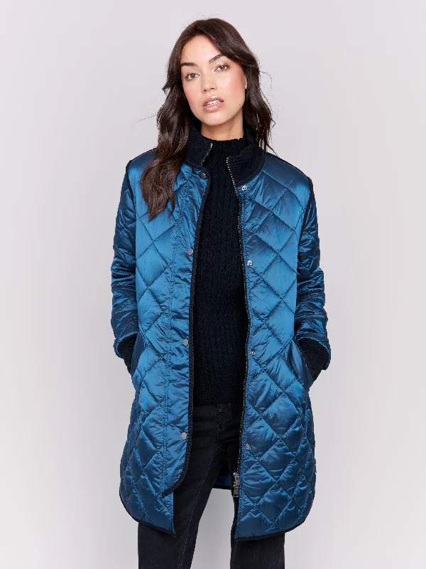 Long Quilted Puffer Jacket - Peacock Rayon Fabric Velvet Fabric Corduroy Fabric