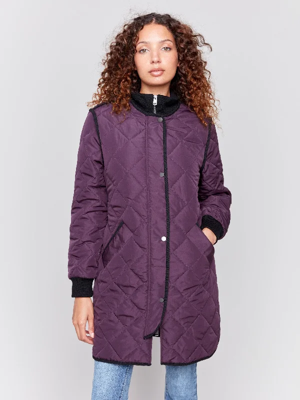 Long Quilted Puffer Jacket - Plum One-Shoulder Jacket Off-the-Shoulder Jacket Asymmetrical Jacket