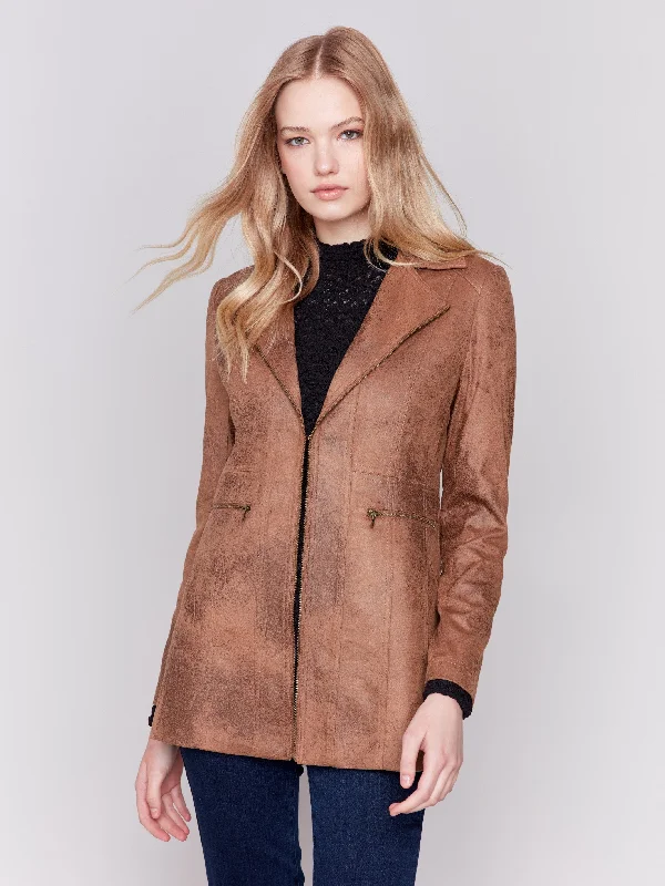 Long Vintage Faux Suede Jacket - Truffle Collared Jacket Crew Neck Jacket Turtle Neck Jacket