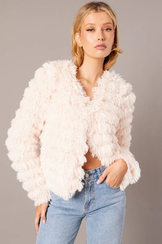 Pink Shag Faux Fur Jacket Belted Jacket Elasticated Jacket Padded Jacket