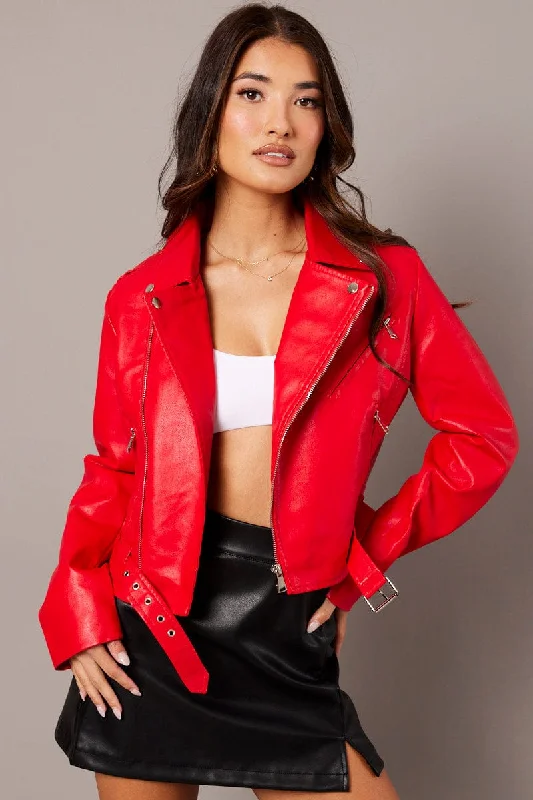 Red Faux Leather Biker Jacket Long Sleeves Jacket Blazer Coat