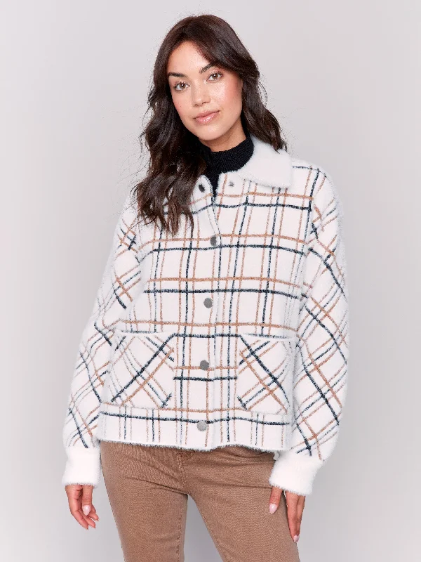 Short Plaid Knit Jacket - Terracotta Bomber Jacket Anorak Windbreaker