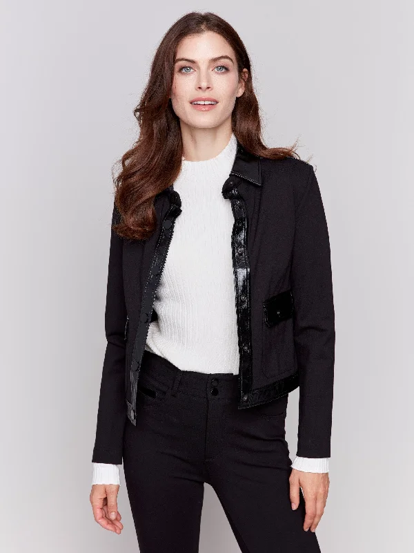 Short Ponte Knit Jacket with Vinyl Trim - Black Plaid Jacket Tartan Jacket Houndstooth Jacket