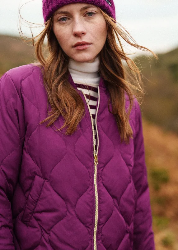 ST IZIA - Quilted Zip-up Puffer Jacket (PLUM) A-Line Jacket Boat Neck Shawl Collar