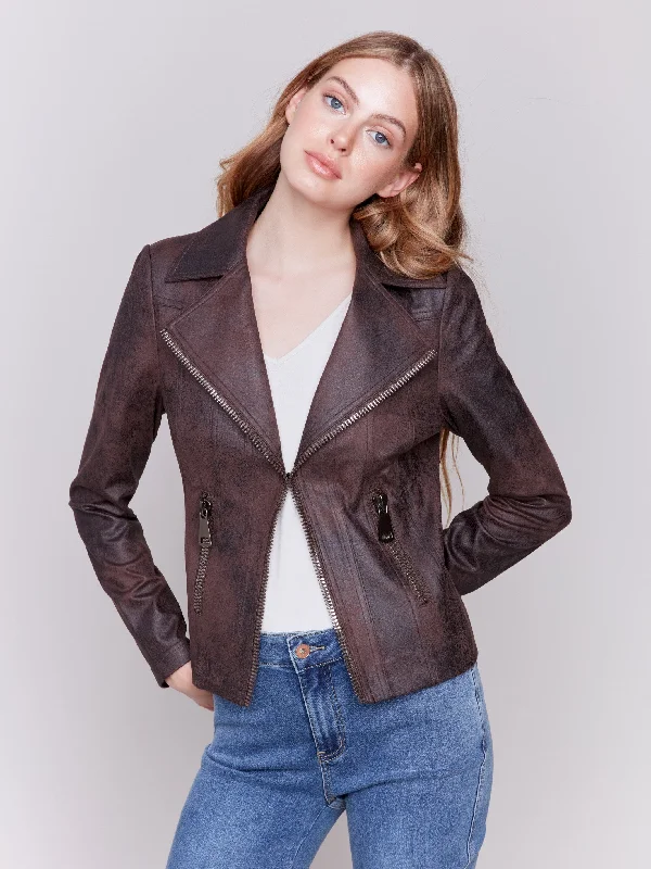 Vintage Faux Leather Perfecto Jacket - Mocha Elasticated Jacket Padded Jacket Insulated Jacket