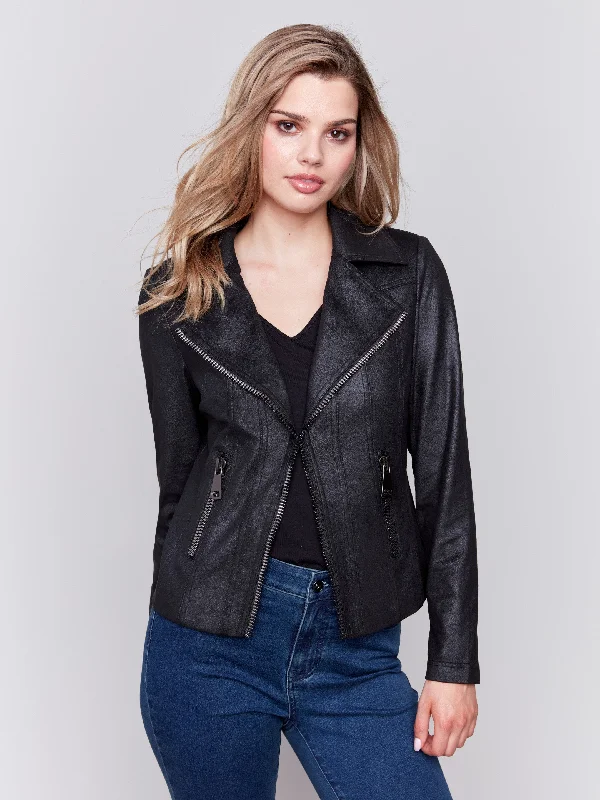 Vintage Faux Leather Perfecto Jacket - Black V-Neck Jacket Boat Neck Jacket Square Neck Jacket