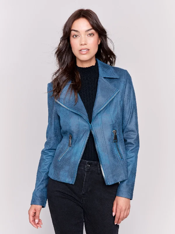 Vintage Faux Leather Perfecto Jacket - Peacock Stand-Up Collar Roll-Neck Collar Turtle Neck