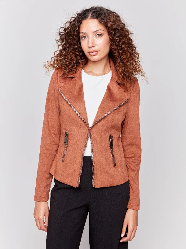 Vintage Faux Suede Perfecto Jacket - Terracotta Herringbone Jacket Checkered Jacket Solid Jacket