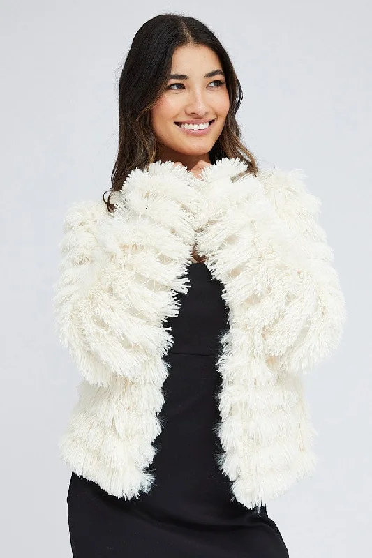 White Shag Faux Fur Jacket A-Line Jacket Boat Neck Shawl Collar