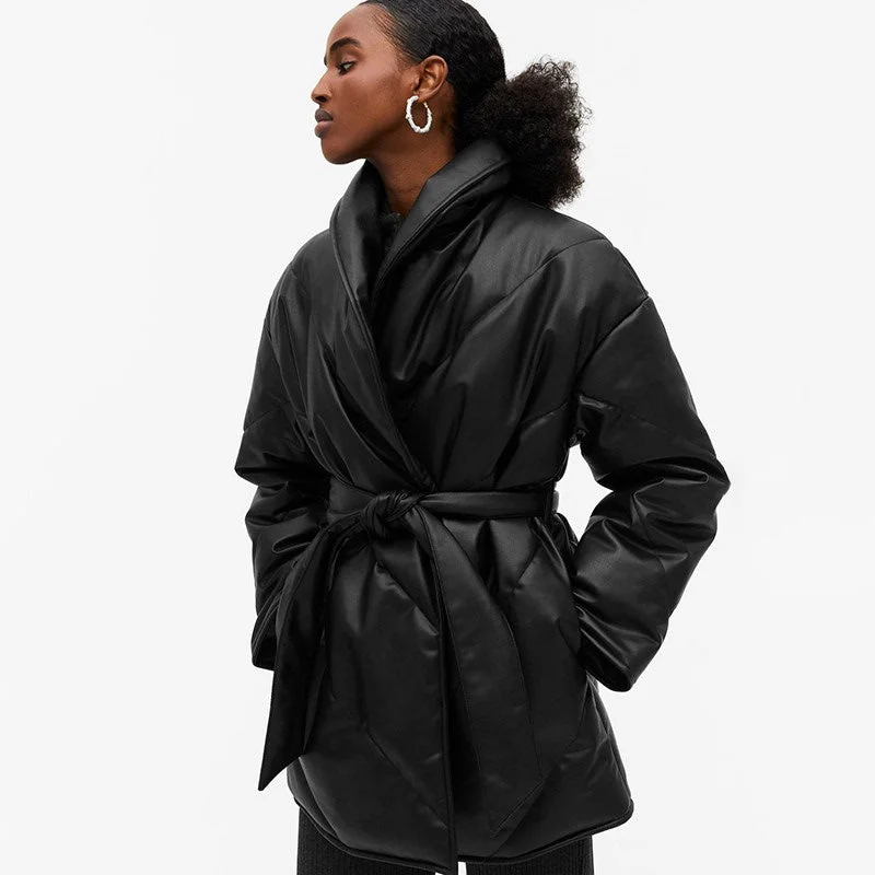 Winter Parkas For Women Loose Leather Coats Ladies Jackets Snapped Jacket Toggled Jacket Drawstring Jacket