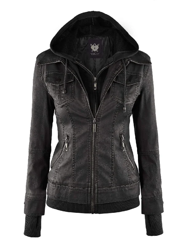 Made By Johnny MBJ Womens Faux Leather Motorcycle Jacket with Hoodie Faux Fur Jacket Real Fur Jacket Shearling Jacket