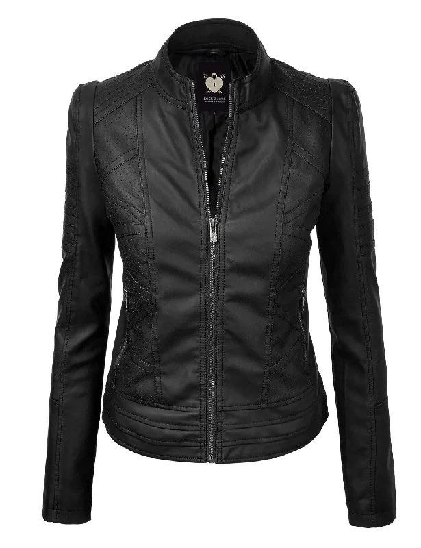 Made By Johnny MBJ Womens Faux Leather Zip Up Moto Biker Jacket with Stitching Detail Embroidered Jacket Appliqued Jacket Beaded Jacket