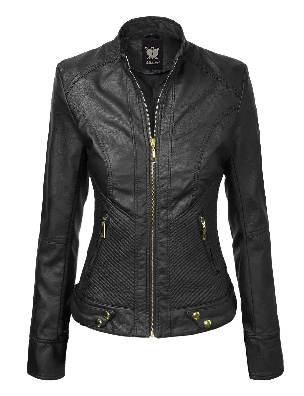 Made By Johnny MBJ Womens Faux Leather Zip Up Moto Biker Jacket with Stitching Detail Quilted Jacket Puffer Jacket Insulated Jacket