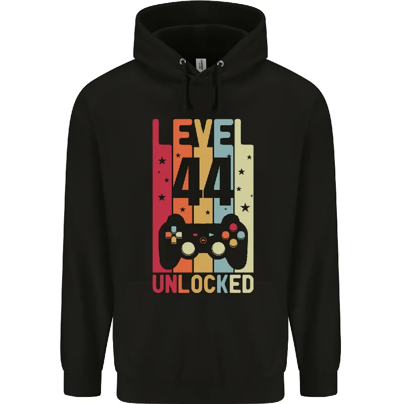 44th Birthday 44 Year Old Level Up Gaming Mens 80% Cotton Hoodie Hoodie with Mock Neck Collared Structured