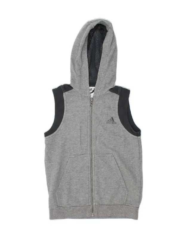 ADIDAS Boys Sleeveless Zip Hoodie Sweater 9-10 Years Grey Flecked Cotton Hoodie with Rolled Sleeves Casual Relaxed