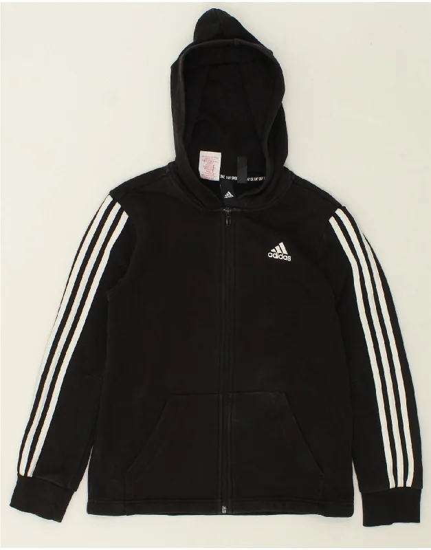 ADIDAS Boys Zip Hoodie Sweater 11-12 Years Black Polyester Hoodie with Mock Neck Collared Structured