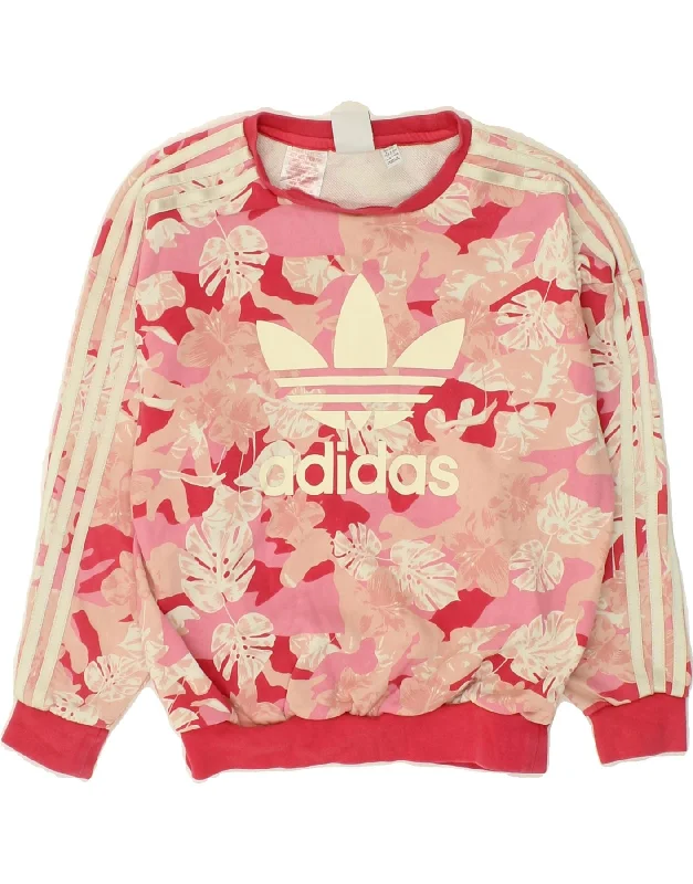 ADIDAS Girls Graphic Sweatshirt Jumper 9-10 Years Pink Floral Cotton Hoodie with Velcro Closure Adjustable Secure