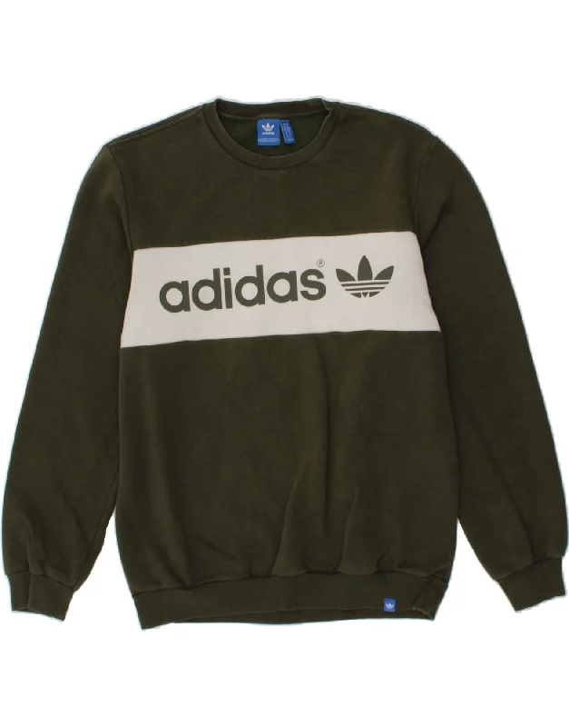 ADIDAS Mens Graphic Sweatshirt Jumper Medium Khaki Cotton Hoodie with Emblem Brand Identity