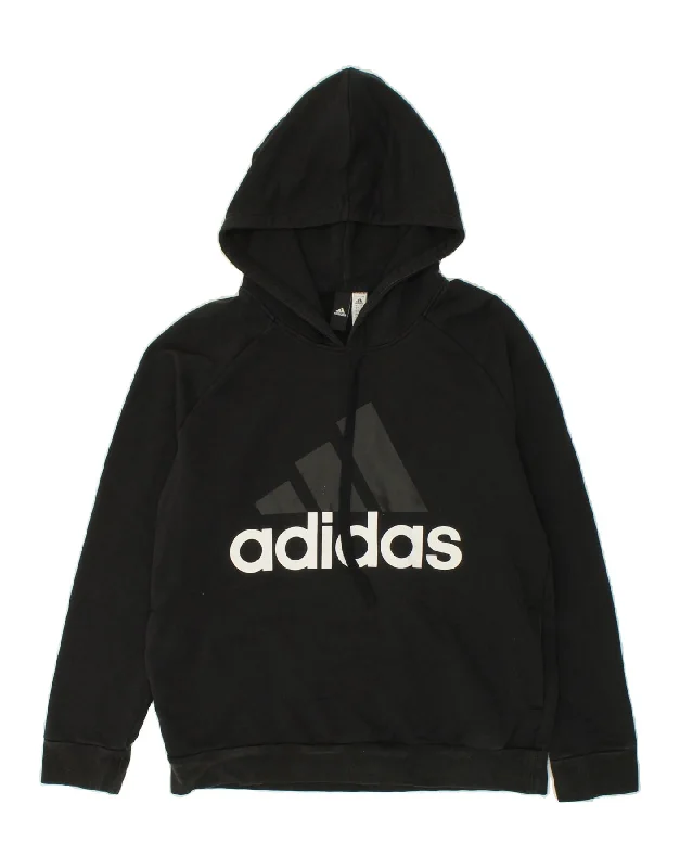ADIDAS Womens Graphic Hoodie Jumper UK 16/18 Large Black Cotton Hoodie with Raw Hem Edgy Unfinished ADIDAS Womens Graphic Hoodie Jumper UK 16/18 Large Black Cotton Hoodie with Raw Hem Edgy Unfinished