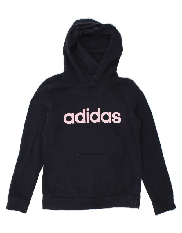 ADIDAS Womens Graphic Hoodie Jumper UK 8/10 Small Navy Blue Cotton Hoodie with Stripes Bold Sporty