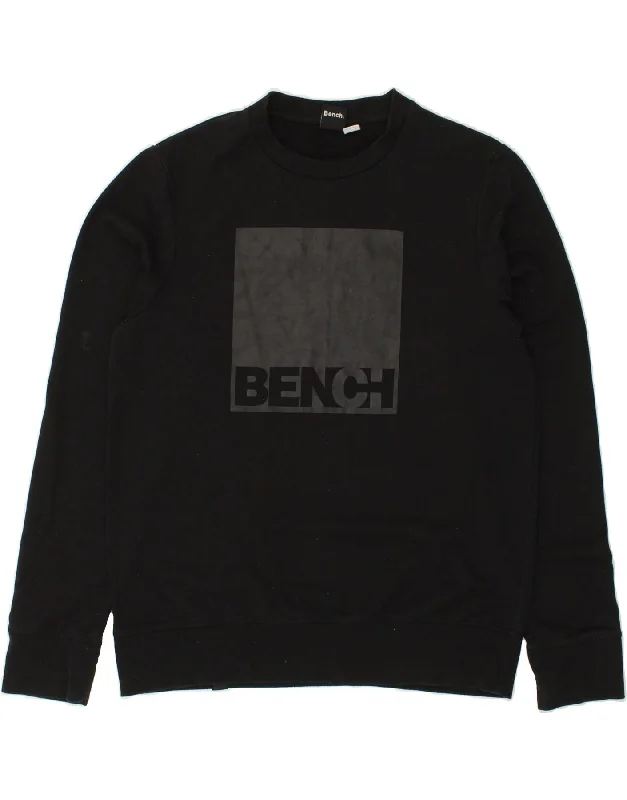 BENCH Mens Graphic Sweatshirt Jumper Large Black Cotton Hoodie with Cuffed Sleeves Snug Secure