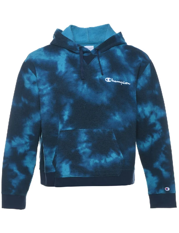 Blue Tie-Dye Champion Hoodie - XL Hoodie with Drop Shoulder Relaxed Streetwear