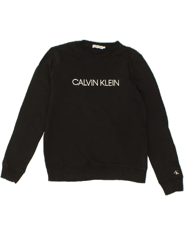 CALVIN KLEIN JEANS Womens Graphic Sweatshirt Jumper UK 14 Medium Black Hoodie with High Neck Warm Protective