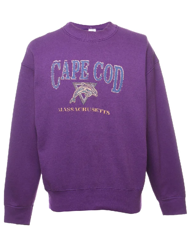 Cape Cod Massachusetts Printed Sweatshirt - L Hoodie with Hem Fringe Bohemian Relaxed Cape Cod Massachusetts Printed Sweatshirt - L Hoodie with Hem Fringe Bohemian Relaxed