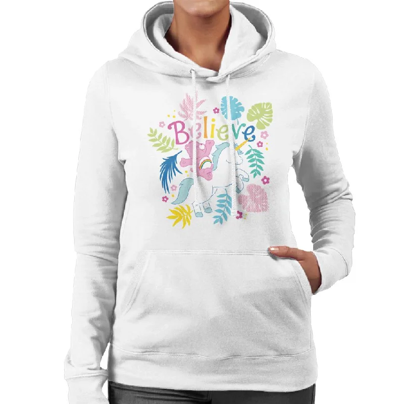 Care Bears Cheer Bear Unicorn Believe Women's Hooded Sweatshirt Hoodie with Stripes Bold Sporty