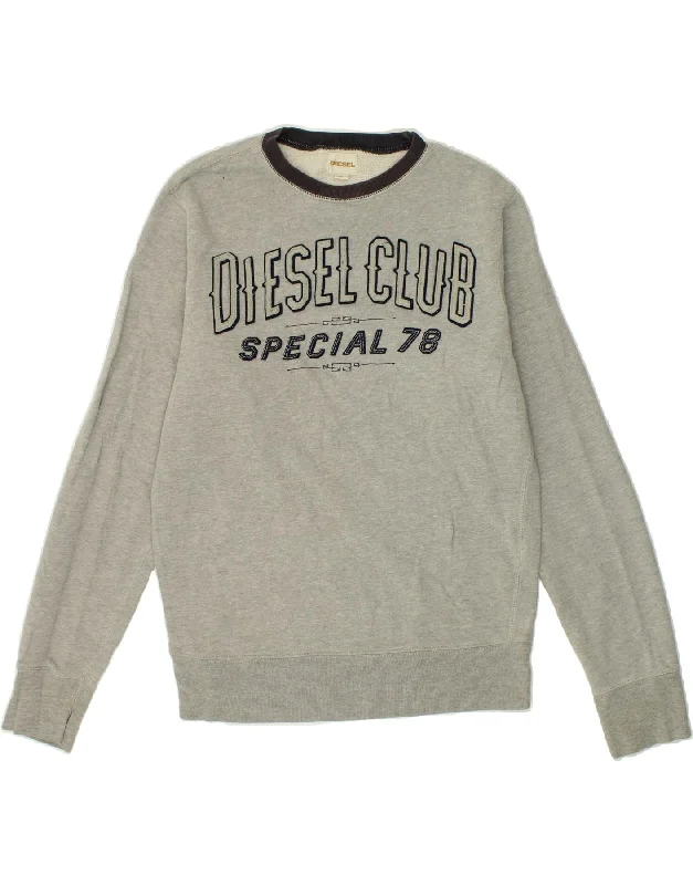 DIESEL Womens Graphic Sweatshirt Jumper UK 16 Large Grey Cotton Hoodie with Typography Text Message DIESEL Womens Graphic Sweatshirt Jumper UK 16 Large Grey Cotton Hoodie with Typography Text Message