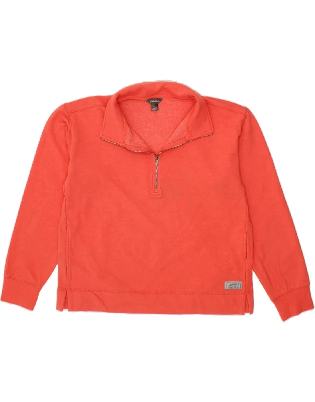 EDDIE BAUER Womens Zip Neck Sweatshirt Jumper UK 14 Medium Orange Cotton Hoodie with Velcro Closure Adjustable Secure