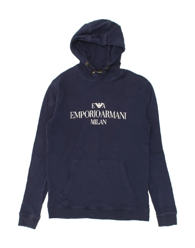 EMPORIO ARMANI Mens Graphic Hoodie Jumper XL Navy Blue Hoodie with Drawcord Adjustable Secure