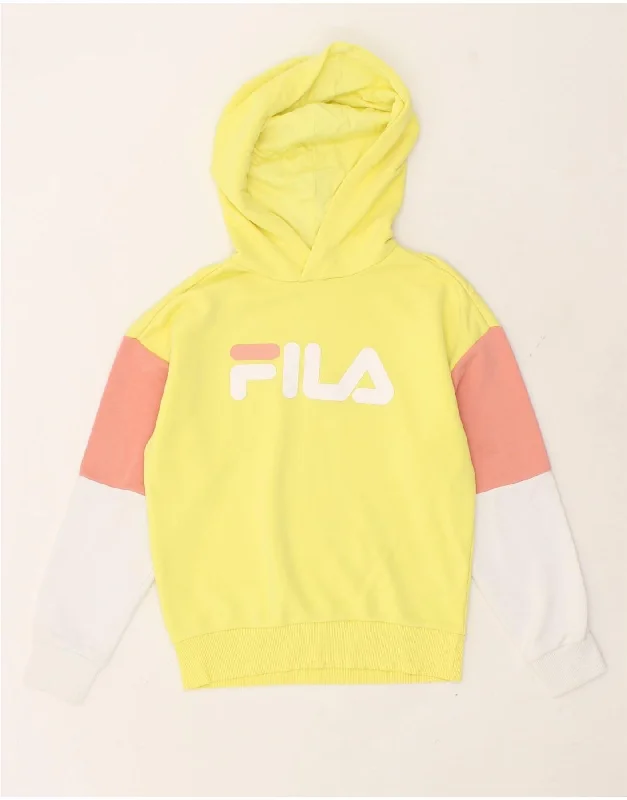 FILA Womens Graphic Hoodie Jumper UK 6 XS Yellow Colourblock Cotton Hoodie with Hem Fringe Bohemian Relaxed