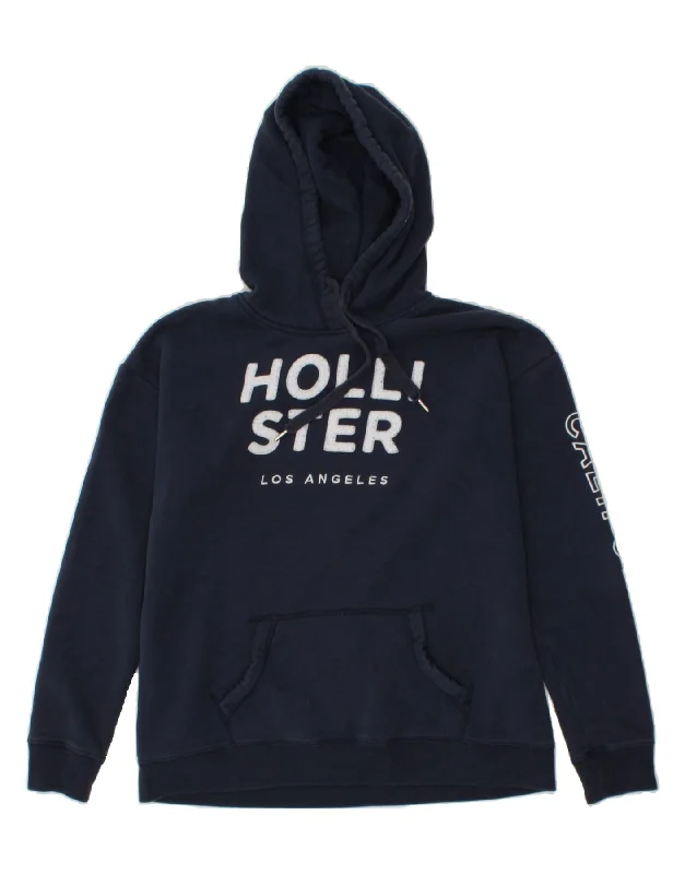 HOLLISTER Mens Graphic Hoodie Jumper Large Navy Blue Cotton Hoodie with Oversized Fit Loose Comfortable