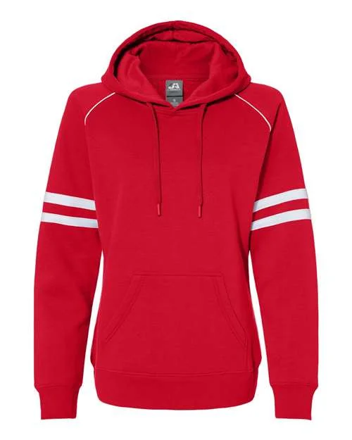 J. America 8645 Women's Varsity Fleece Piped Hooded Sweatshirt - Red Hoodie with Contrast Stitching Detailed Premium