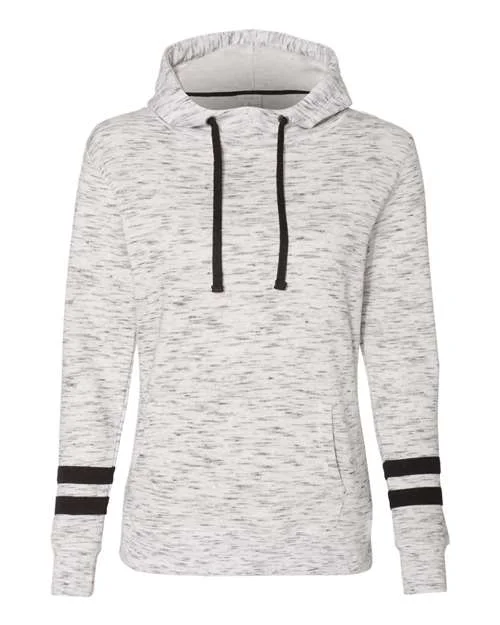 J. America 8674 Womens Mlange Fleece Striped-Sleeve Hooded Sweatshirt - White Black Hoodie with Cuffed Sleeves Snug Secure