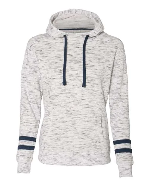 J. America 8674 Womens Mlange Fleece Striped-Sleeve Hooded Sweatshirt - White Navy Hoodie with Elastic Cuffs Stretchable Comfortable