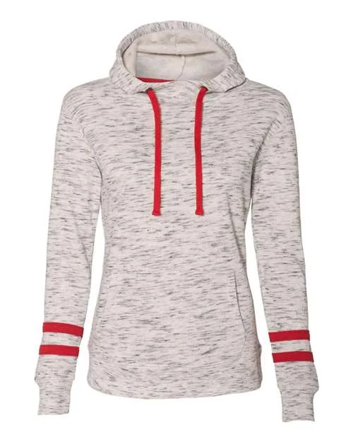 J. America 8674 Womens Mlange Fleece Striped-Sleeve Hooded Sweatshirt - White Red Hoodie with Ribbed Neckline Snug Warm