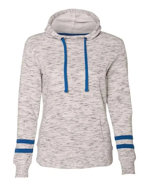 J. America 8674 Womens Mlange Fleece Striped-Sleeve Hooded Sweatshirt - White Royal Hoodie with Turtle Neck Cozy Winter