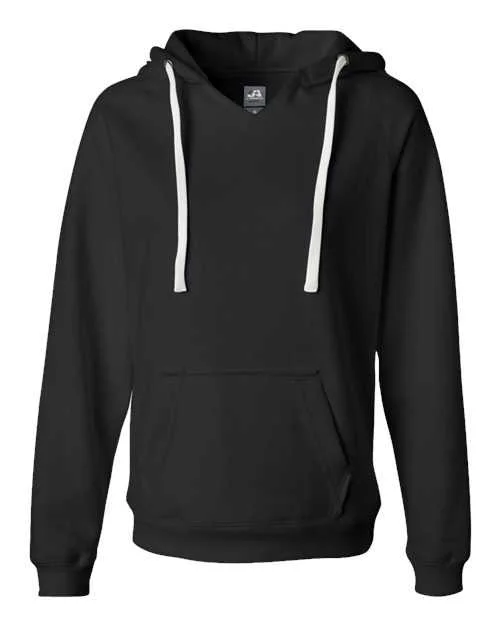 J. America 8836 Women's Sueded V-Neck Hooded Sweatshirt - Black Hoodie with Drawstring Waist Adjustable Fitted