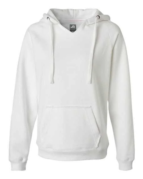 J. America 8836 Women's Sueded V-Neck Hooded Sweatshirt - White Hoodie with Tied Waist Feminine Flattering