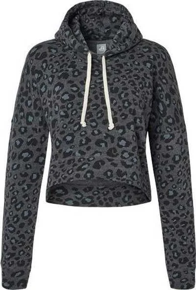 J. America 8853 Women's Crop Hooded Sweatshirt - Black Leopard Triblend Hoodie with Slit Hem Functional Movement