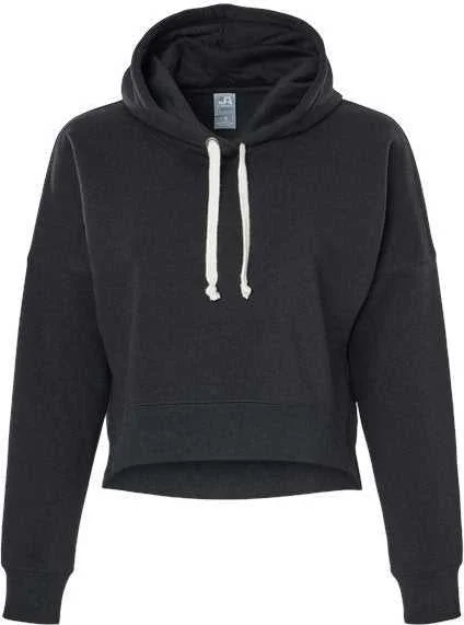 J. America 8853 Women's Crop Hooded Sweatshirt - Black Solid Hoodie with Hem Detail Decorative Unique