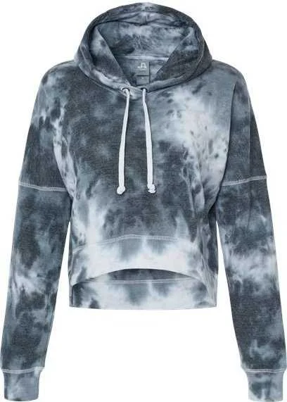 J. America 8853 Women's Crop Hooded Sweatshirt - Black Tie Dye Hoodie with Hem Drawcord Adjustable Customizable