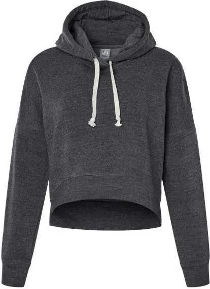 J. America 8853 Women's Crop Hooded Sweatshirt - Black Triblend Hoodie with Hem Embroidery Detailed Premium