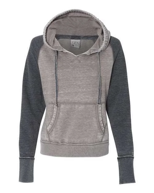 J. America 8926 Women's Zen Fleece Raglan Hooded Sweatshirt - Cement Dark Smoke Hoodie with Applique Textured Unique