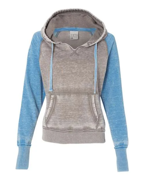 J. America 8926 Women's Zen Fleece Raglan Hooded Sweatshirt - Cement Oceanberry Hoodie with Mesh Breathable Sporty