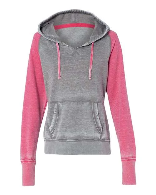 J. America 8926 Women's Zen Fleece Raglan Hooded Sweatshirt - Cement Wildberry Hoodie with Pastel Soft Subtle