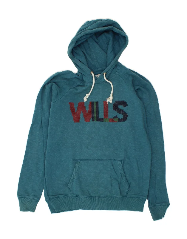 JACK WILLS Mens Graphic Hoodie Jumper Small Blue Cotton Hoodie with Front Slit Layering Stylish