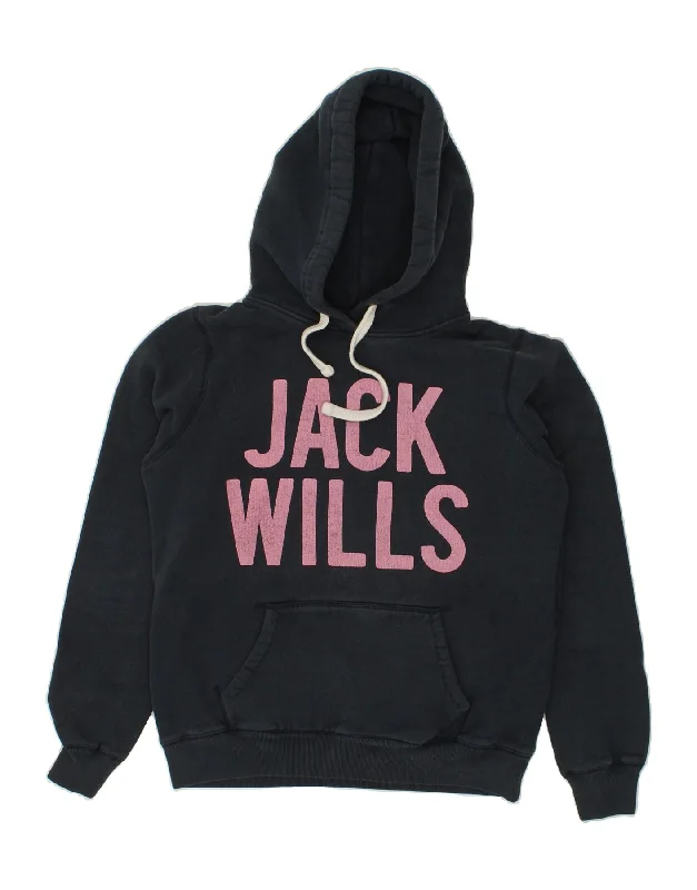 JACK WILLS Womens Graphic Hoodie Jumper UK 12 Medium  Navy Blue Cotton Hoodie with Exposed Zipper Edgy Industrial